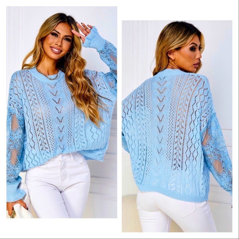 HP!! 💜💜 NWT! CONTRAST LACE POINTELLE KNIT DROP SHOULDER SWEATER IN BABY BLUE!